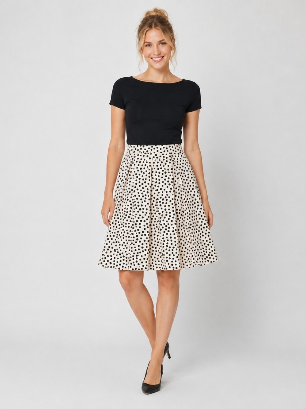 Who What Wear White and Black Polka Dot Midi Skirt - Picture 1 of 7
